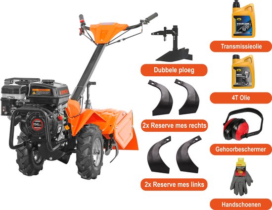 Kibani Grondfrees Benzine 46 cm - Incl. 2X Mes links, 2X Mes rechts, Dubbele ploeg, Ploegmachine, 4T Olie, Transmissie olie - 196cc - 46CM breedte -6.5PK- Loncin motor - Tuinfrees