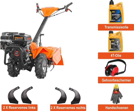 Kibani Grondfrees Benzine 46 cm Incl. 2X Mes links, 2X Mes rechts, Gehoorbeschermer, Handschoenen, 4T Olie, Transmissie olie - 196cc - 46CM breedte -6.5PK- Loncin motor - tuinfrees