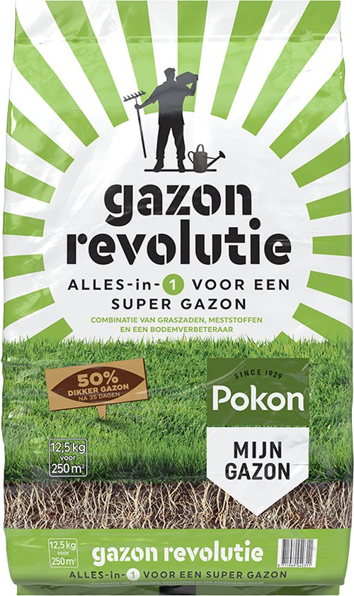 Pokon Gazon Revolutie 12,5kg - Gazonmest - Graszaad - Bodemverbeteraar - Voor 250m² - Resultaat Binnen 15 Dagen