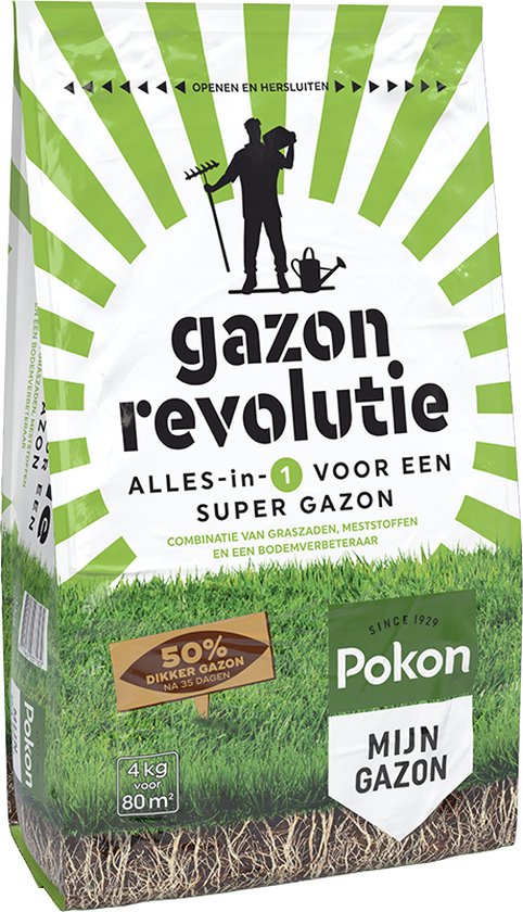 Pokon Gazon Revolutie 4kg - Gazonmest - Graszaad - Bodemverbeteraar - Voor 80m² - Resultaat Binnen 15 Dagen