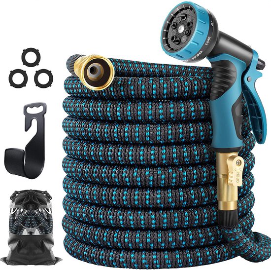 Strex Flexibele Tuinslang 30M met Sproeikop - Uitrekbaar - Incl. Koppelingen, Ophanghaak & Opbergzak
